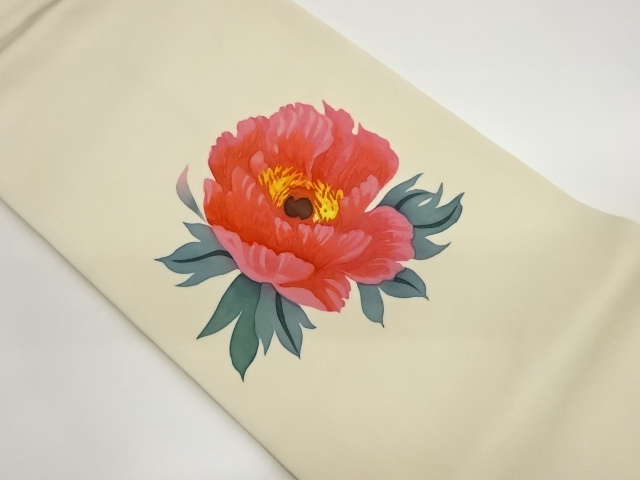 作家物　塩瀬手描き牡丹模様名古屋帯